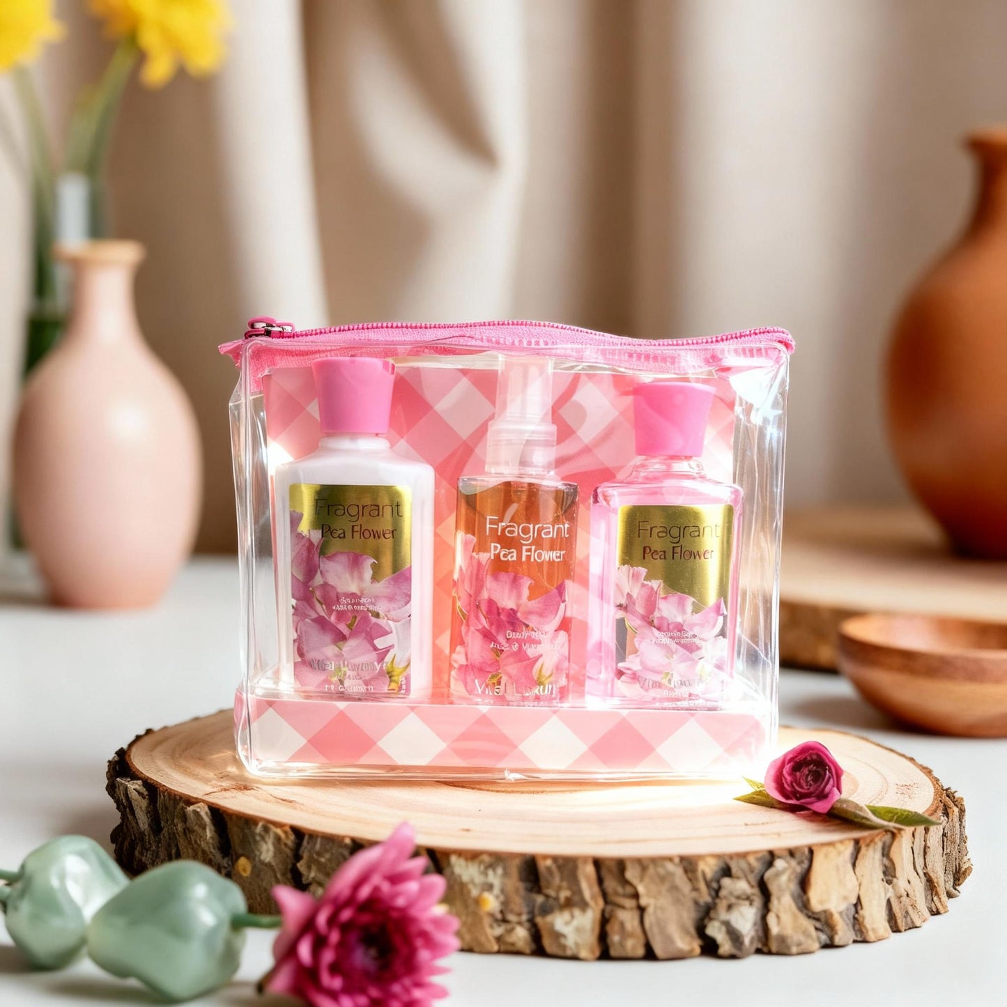 3-piece Bath & Body Care Travel Set Pea Flower Scent Home Spa Set With Body Lotion, Shower Gel And Fragrance Mist